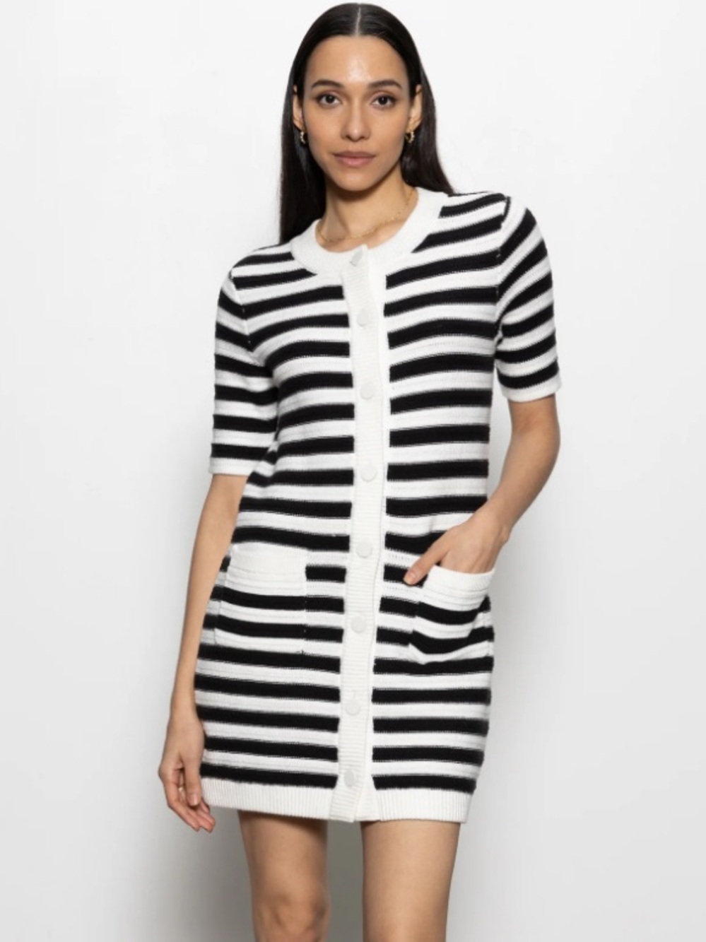 Sanctuary Black & White Striped Button-Front Knit Dress